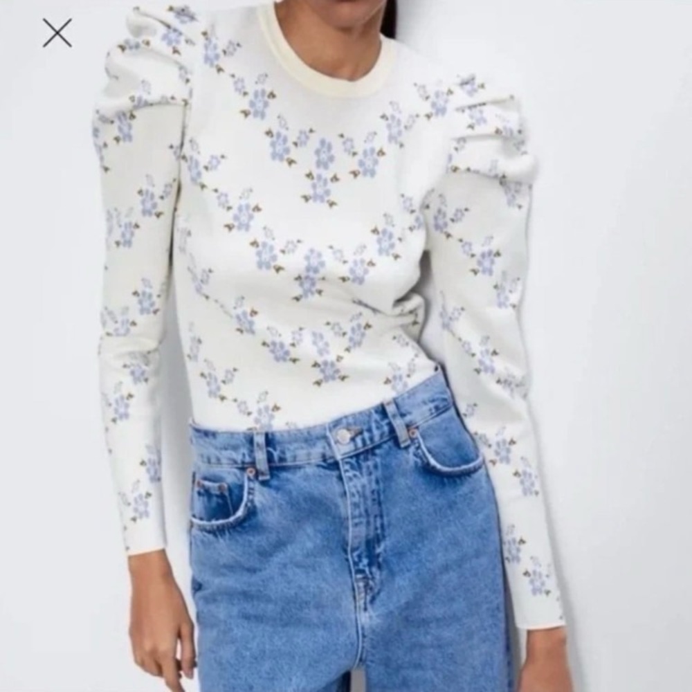 Zara Cottagecore Cream Blue Floral Knit Sweater Crochet Cropped Puff Sleeves S